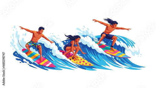 Ocean Wave Riders: Capturing the energy and freedom of surfing, this image showcases three individuals gracefully riding waves, showcasing a vibrant display of skill and aquatic adventure.