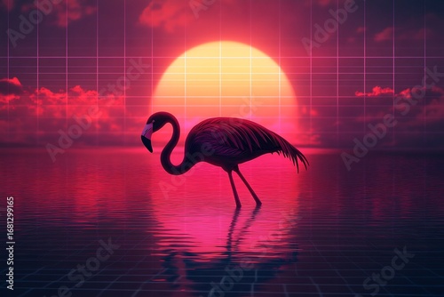 A flamingo standing in water with a sunset in the background in a retro synthwave style scene art