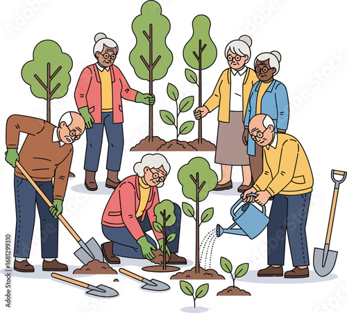 Happy Older Adults Participating in Tree Planting Activity