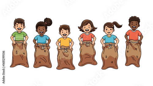 Sack Race Fun: A group of diverse children stand in burlap sacks, poised for the start of a lively sack race competition on a beautiful day, symbolizing childhood energy, friendly competition.