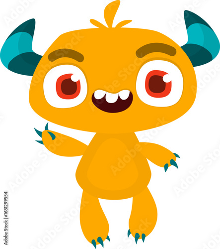 Cartoon cute monster with funny face expression waving hands. Halloween vector illustration 