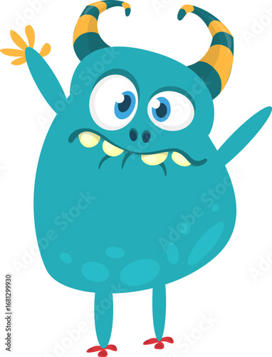 Cartoon cute monster with funny face expression waving hands. Halloween vector illustration 