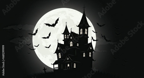 Spooky Halloween Night: A Haunted House Under the Full Moon with Flying Bats in Dark Scenery Design Element