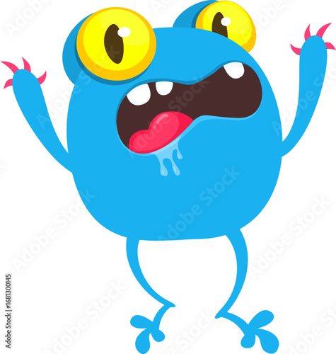Cartoon cute monster with funny face expression waving hands. Halloween vector illustration 