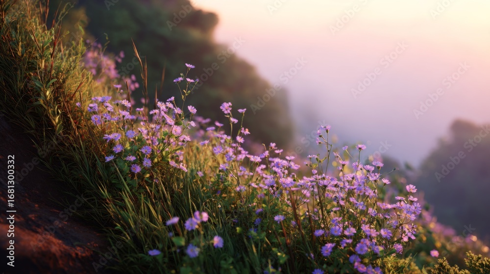 Obraz premium Purple wildflowers bloom on a hillside covered in grass background shows misty hills and soft light
