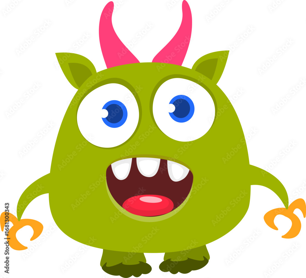 Fototapeta premium Cartoon cute monster with funny face expression waving hands. Halloween vector illustration 