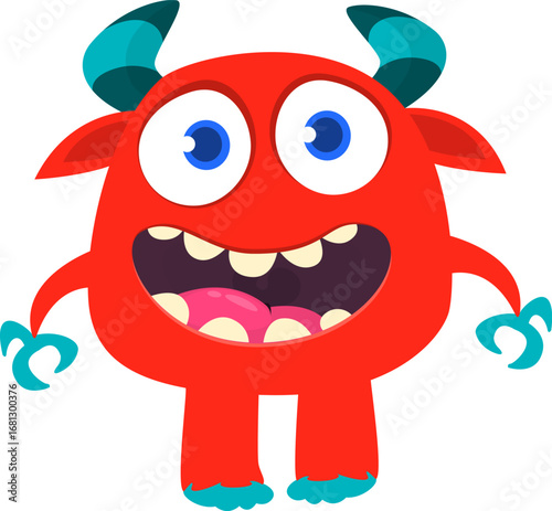 Cartoon cute monster with funny face expression waving hands. Halloween vector illustration 