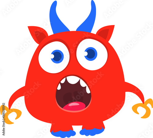 Cartoon cute monster with funny face expression waving hands. Halloween vector illustration 