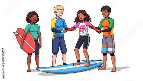 Surfing Lessons in Paradise: A group of friends, with diverse skin tones, eagerly learns to surf, experiencing the thrill of the ocean in an artistically rendered illustration.
