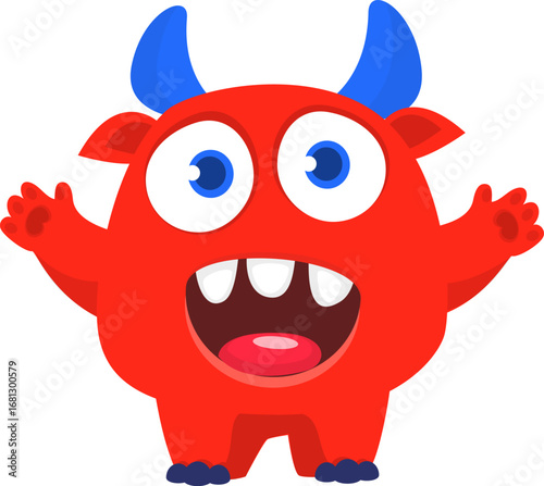 Cartoon cute monster with funny face expression waving hands. Halloween vector illustration 