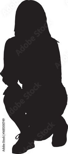 vector,silhouett of woman squatting, looking at camera