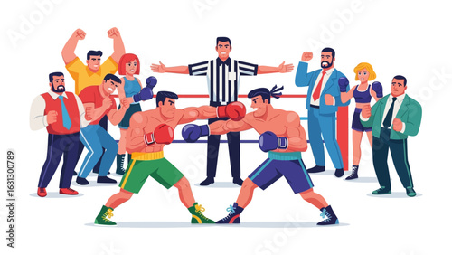 Boxers in the Ring: Intense action unfolds as two determined boxers engage in a fierce contest, their skills and strength on full display under the watchful eye of a referee.