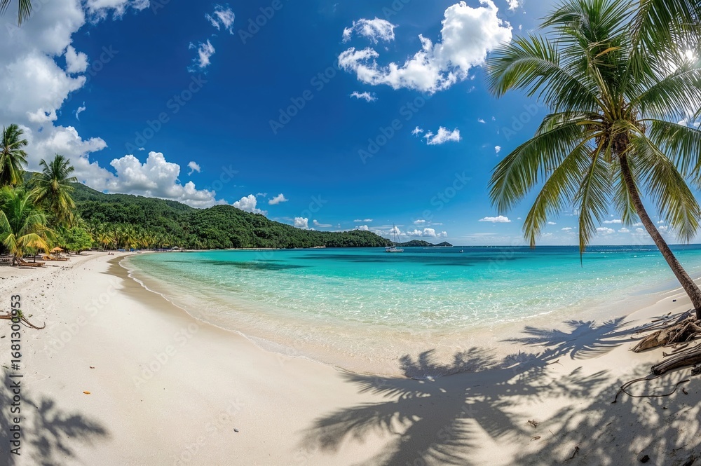 Fototapeta premium Tropical island with turquoise waters, palm-fringed sandy shore, sunny blue sky and fluffy white clouds, perfect summer getaway