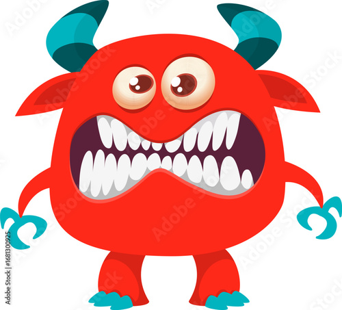 Cartoon cute monster with funny face expression waving hands. Halloween vector illustration 