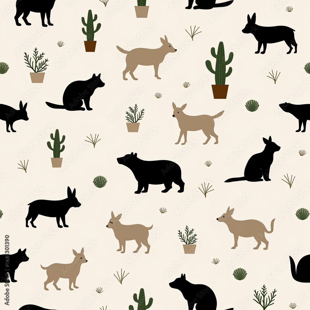Obraz premium A charming and whimsical seamless pattern with a variety of cute desert animal silhouettes and cacti, perfect for a playful and modern nursery or fabric design. 