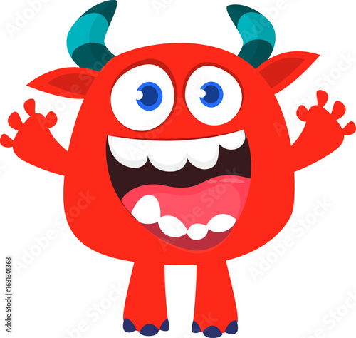 Cartoon cute monster with funny face expression waving hands. Halloween vector illustration 