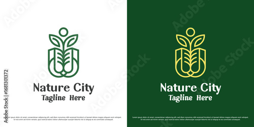 Green city vector logo design illustration. Leaf silhouette of a building. Simple minimal abstract nature icon symbol.