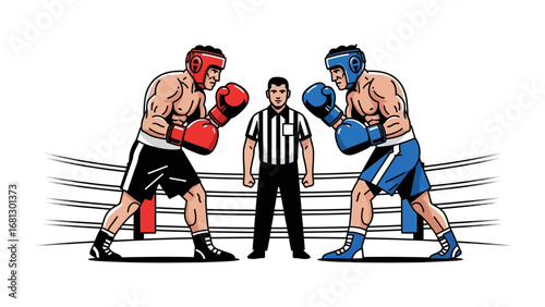 Boxing Match: A dynamic illustration captures the intensity of a boxing match, showcasing two determined fighters squaring off in the ring while overseen by the referee.