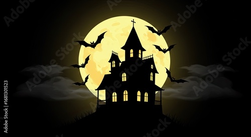Spooky Haunted House Silhouette Under a Glowing Full Moon with Bats Flying in a Mysterious Halloween Night