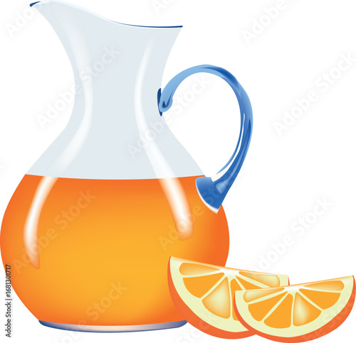 Refreshing orange juice in glass pitcher with orange slices