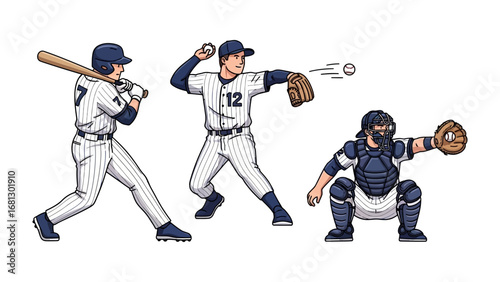 Baseball Action: Dynamic illustrations of baseball players in action. A batter poised to strike, a pitcher delivering a fastball, and a catcher ready to receive.