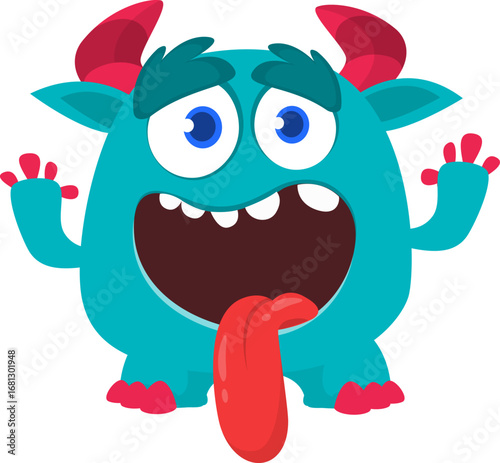 Cartoon funny monster character design with funny face expression. Halloween vector illustration 