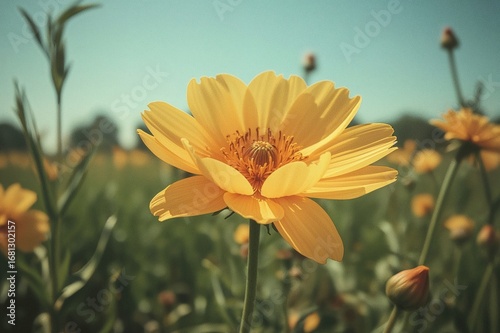 Sunlit meadow filled with blooming flowers. Retro-styled floral photo with color filter.