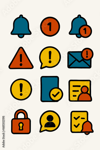 A vibrant collection of essential digital notification symbols and alert icons, perfect for modern user interfaces and web design applications.