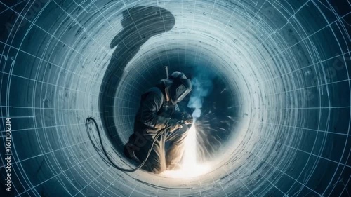 A welder performs intricate repairs inside a large industrial pipe, sparks flying, showcasing skilled craftsmanship and hazardous work environment.