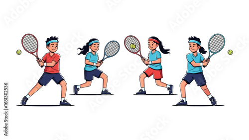 Tennis Tournament Illustration: Dynamic illustration of two pairs in a tennis competition, each wielding rackets and focused on the bouncing ball. captures the thrill and athleticism of the sport.