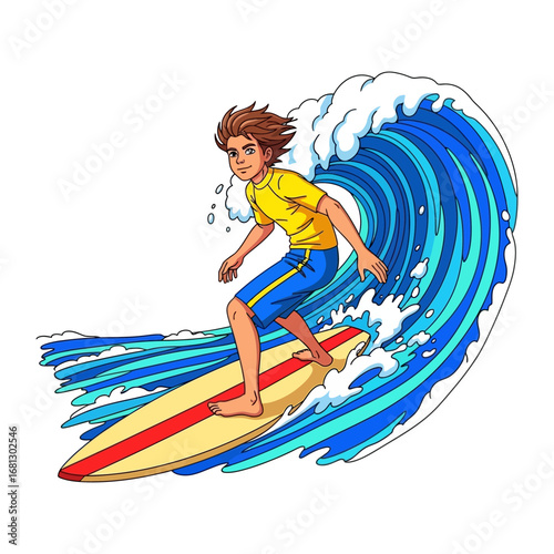 Surfer Riding a Wave: A dynamic illustration showcases a young surfer skillfully riding a towering wave, perfectly capturing the thrill and adventure of this exhilarating water sport. 