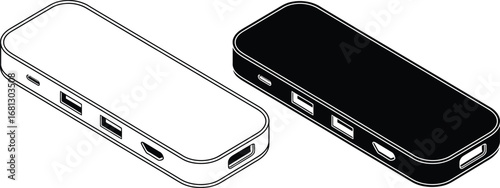 Two usb c hubs one black and one white with multiple ports