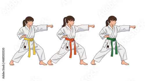 Karate Practitioners in Action: A visual study of three karate practitioners, each donning a different belt color – yellow, orange, and green. This image is a focused.