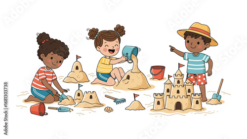 Building Sandcastles: A charming illustration shows three young children engaged in the delightful summer activity of building sandcastles at the beach.
