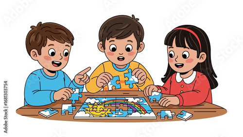 Kids play puzzle: Young children collaborate over a colorful puzzle, highlighting the joy of teamwork and problem-solving.