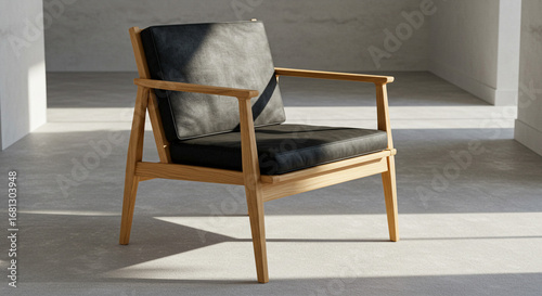 Elegant modern armchair with natural wood frame and plush black leather cushions in a bright, minimalist setting