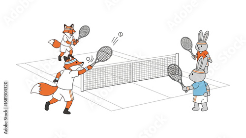 Furry Friends Tennis Match: A whimsical illustration showcases a friendly game of tennis, with anthropomorphic animals engaged in a lively rally, embodying fun and playfulness.