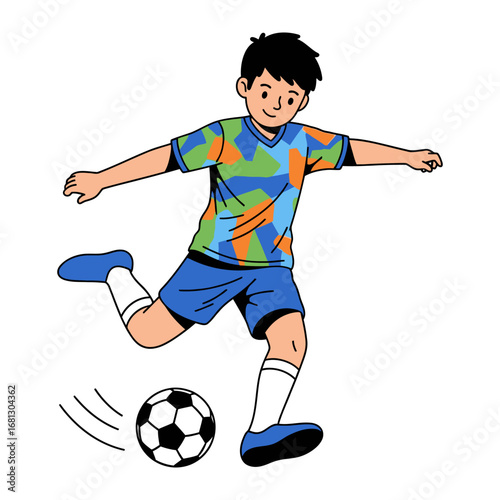Young Soccer Player in Action: A dynamic cartoon depicts a young soccer player executing a powerful kick with precision, the ball poised for flight and a playful gesture. 