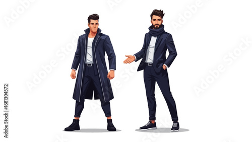 Stylish Pair: Two distinct fashion-forward figures, impeccably dressed in stylish attire, make a bold statement through their poised presence and polished appearances.
