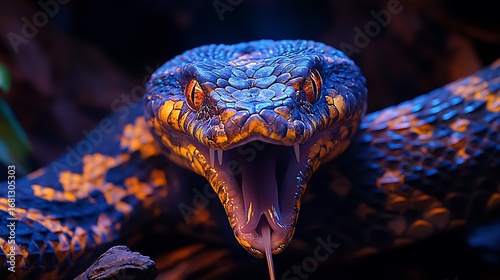Close-up photo of a venomous snake with open mouth displaying fangs and tongue