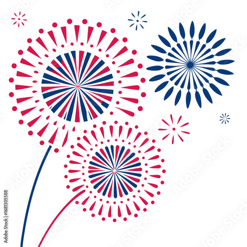 Red and blue abstract fireworks exploding on a black background