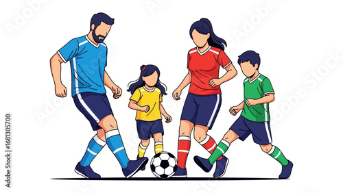 Family Soccer Fun: Capturing the joy of family togetherness, a vibrant illustration of a family enthusiastically playing soccer. This image radiates happiness, teamwork.