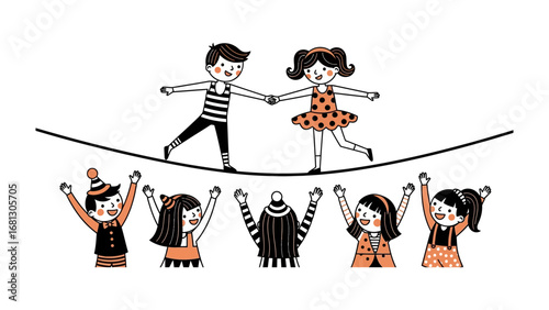 Balancing Act: Two adorable children delicately balance on a tightrope, their focused expressions mirrored by the support of their friends below.
