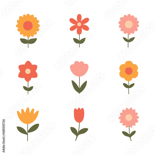 Flower set with colorful floral elements flat vector illustration