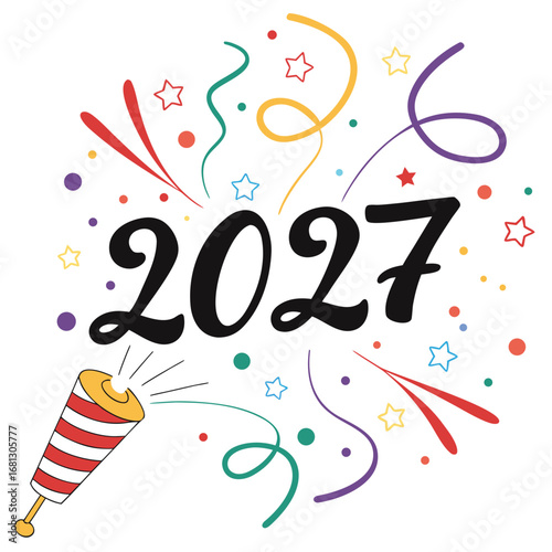 Happy new year 2027 celebration with confetti and party popper