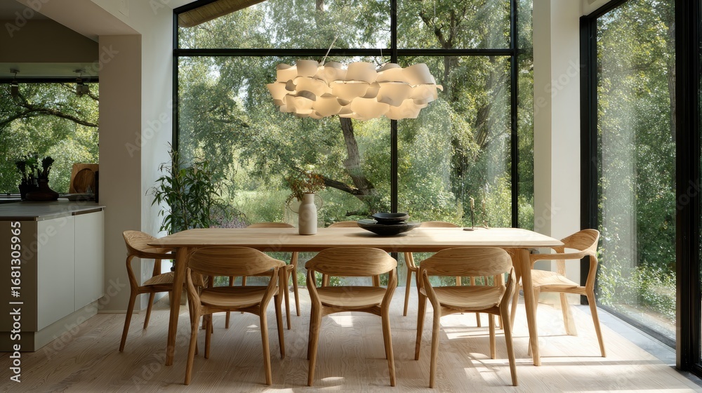 Fototapeta premium Scandinavian kitchen dining space, oak dining set, minimal pendant lights, large windows with natural light 