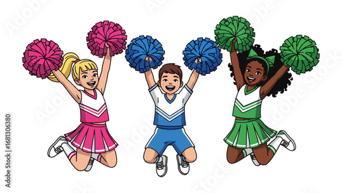 Cheerleaders in Action: Three energetic cheerleaders, each holding vibrant pom-poms, leap with joy, embodying teamwork and school spirit in a dynamic display.