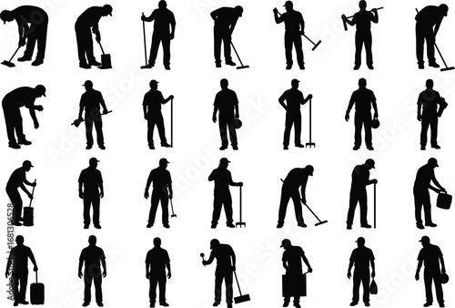 Cleaning worker silhouettes, janitorial tasks, hygiene tools, housekeeping activity, sanitation poses, vector illustration, black icons, indoor labor, maintenance job, cleanliness theme