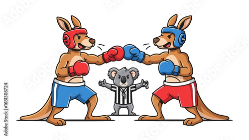 Kangaroo Boxing Match: Animated kangaroos in vibrant boxing gear exchange powerful blows, showcasing sportsmanship with a watchful koala referee