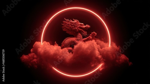 Red dragon in neon circle clouds